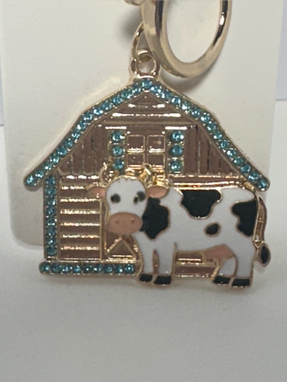 Cow & Barn Keychain Charm with Aqua Rhinestones